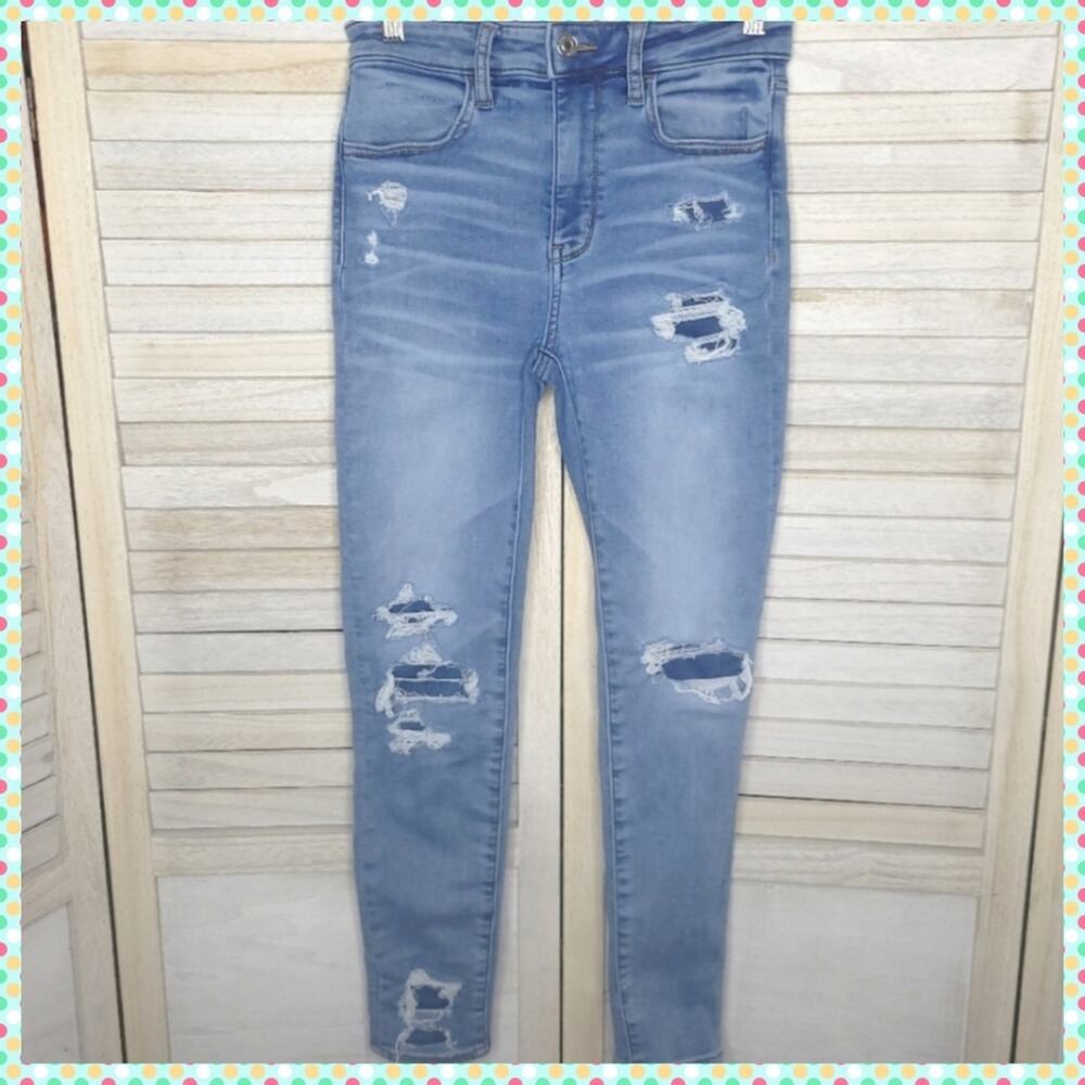 American Eagle Super Hi-Rise Jegging Crop Blue Jeans Size 2 Patched 26